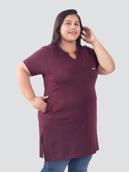 Plus Size Half Sleeves Long Top For Women - Wine