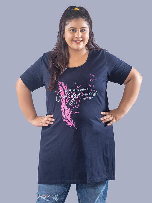 Long Line T-Shirt For Women -Half Sleeves- Navy Blue