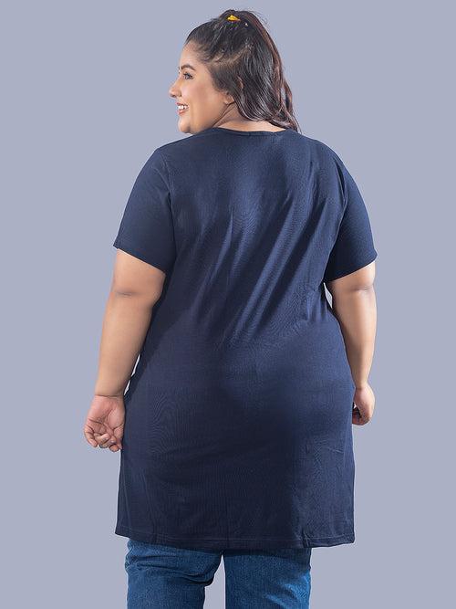 Long Line T-Shirt For Women -Half Sleeves- Navy Blue