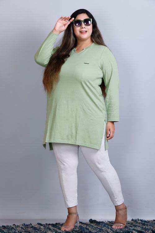 Plus Size Full Sleeves Long Top For Women - Sea Green