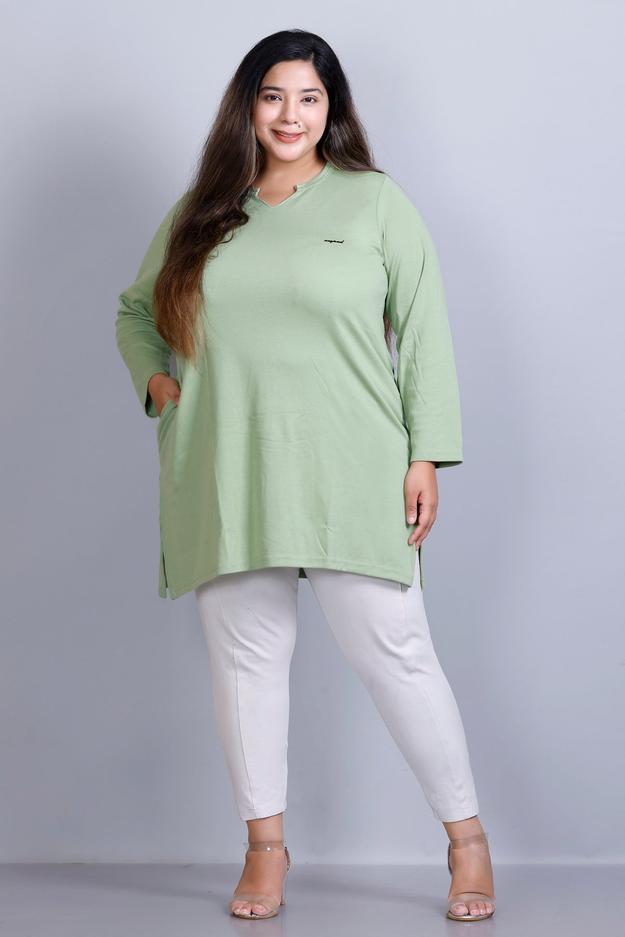 Plus Size Full Sleeves Long Top For Women - Sea Green