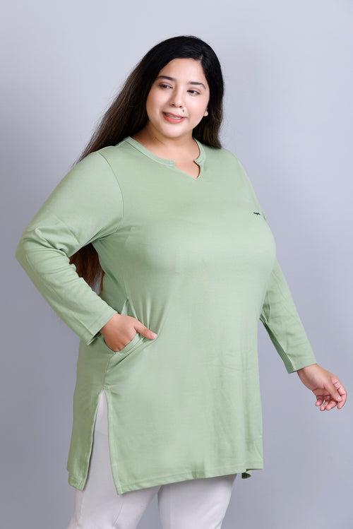 Plus Size Full Sleeves Long Top For Women - Sea Green