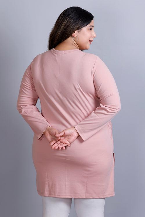 Plus Size Full Sleeves Long Top For Women -Blushing Peach