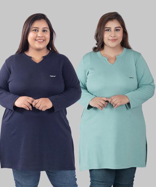 Plus Size Full Sleeves Long Tops For Women - Pack of 2 (Navy & Sage)