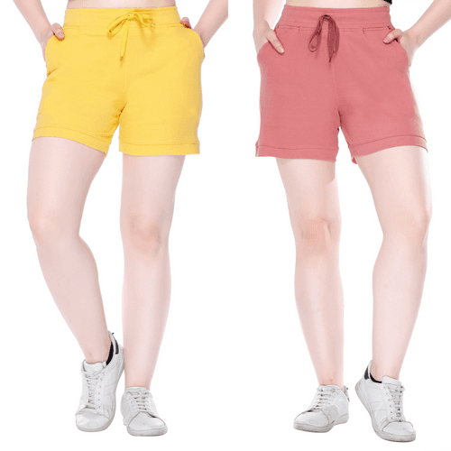 Cotton Shorts For Women - Plain Bermuda Combo (Rosy Pink/Mango)