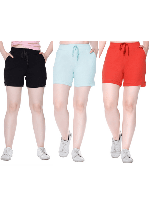 Cotton Shorts For Women - Plain Bermuda Combo (Black /Mint/Tangy)