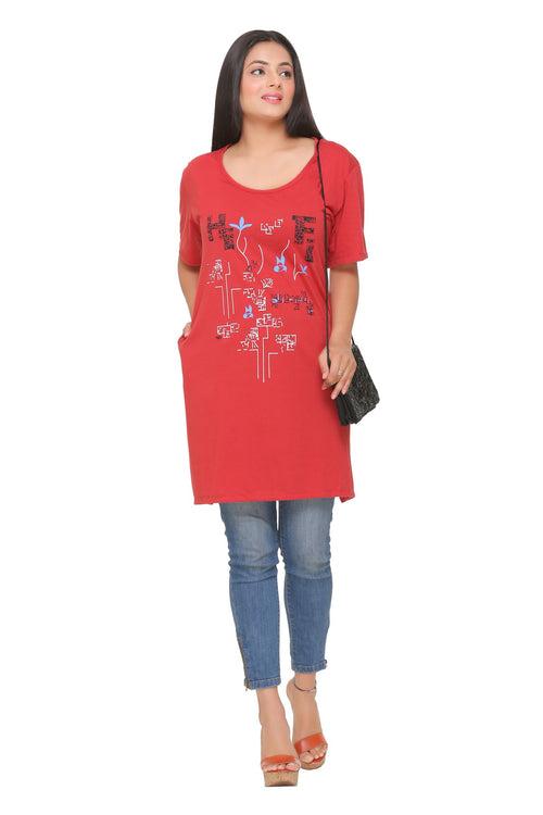 Plus Size Long T-shirt For Women - Half Sleeve - Maroon