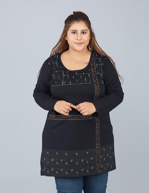 Cotton Long Top for Women Plus Size - Full Sleeve - Black