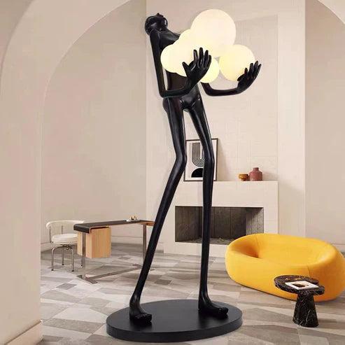 BLACK LADY STATUE HOLDING LIGHT GLOBES FLOOR  LAMP