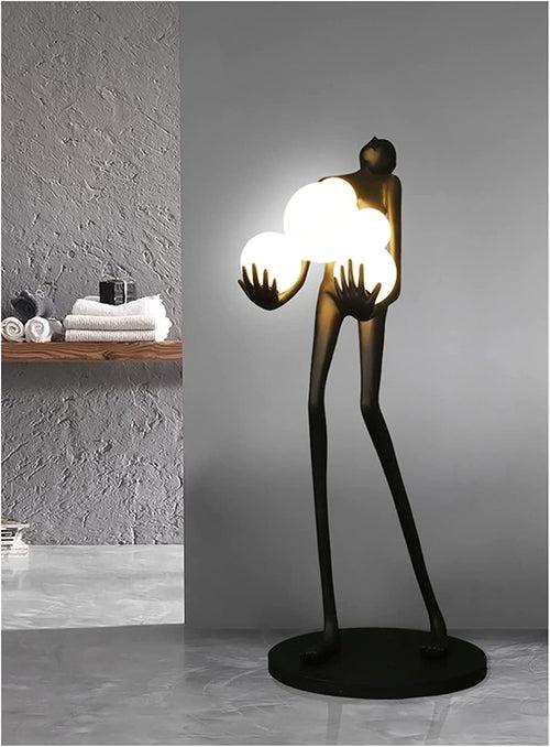 BLACK LADY STATUE HOLDING LIGHT GLOBES FLOOR  LAMP