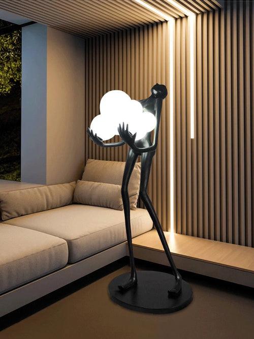 BLACK LADY STATUE HOLDING LIGHT GLOBES FLOOR  LAMP