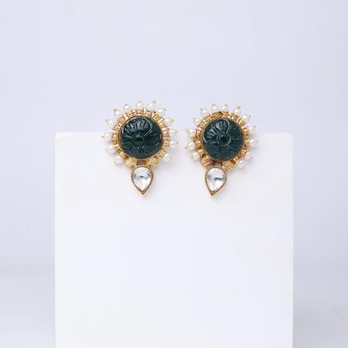 92.5 Sterling Silver earrings with Pearls, carved green Onyx and Polki in Post and push closure.