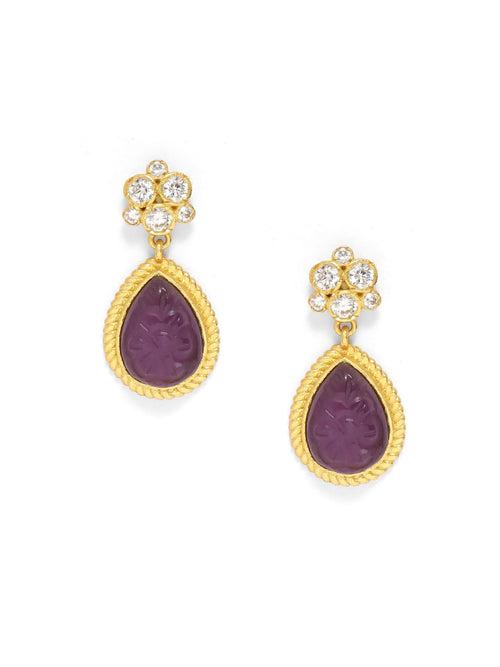 Sterling Silver 18k Gold plated carved Amythest with Zircon tops earrings.