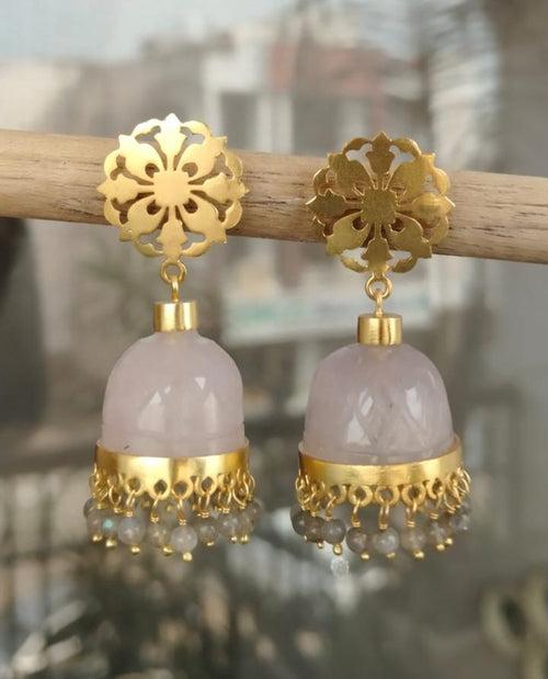 Rose Quartz jhumka with Labradorite drops made in sterling Silver in 18k Gold plating.