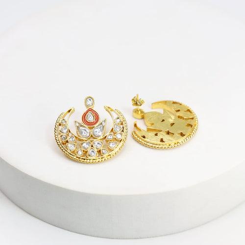 Sterling Silver oversized stud earrings with billor Polki in Chand motif with Post-Push closure.