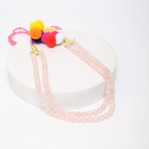 Rose Quartz double string necklace with multi colored thread in sarafa closure.