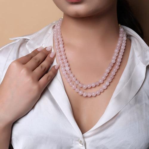 Rose Quartz double string necklace with multi colored thread in sarafa closure.