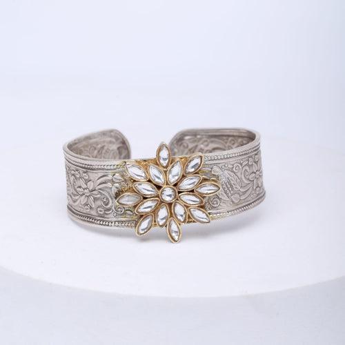 Sterling silver cuff bracelet with pattern. Flower with Billor Polki motif,
Stacking cuff in 18 micron Gold plating.