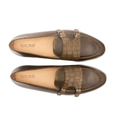 Olive Green Batwing Loafers With Croco Detail