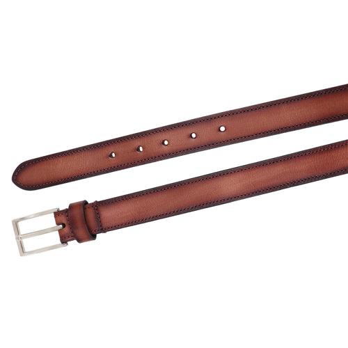 Light Tan Washed Handpainted Patina Leather Belt with Slim Buckle