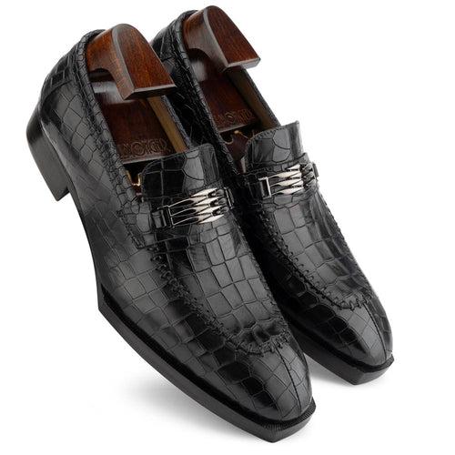 Black Croco Glosed Square Toe Spade Sole Loafer with Metal Detailed Buckle