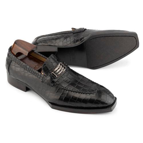 Black Croco Glosed Square Toe Spade Sole Loafer with Metal Detailed Buckle