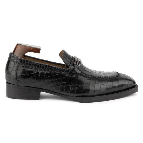 Black Croco Glosed Square Toe Spade Sole Loafer with Metal Detailed Buckle