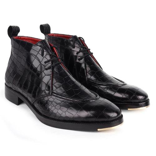 Black Croco Glossed Apron toe Chukka boots with Metal Toe