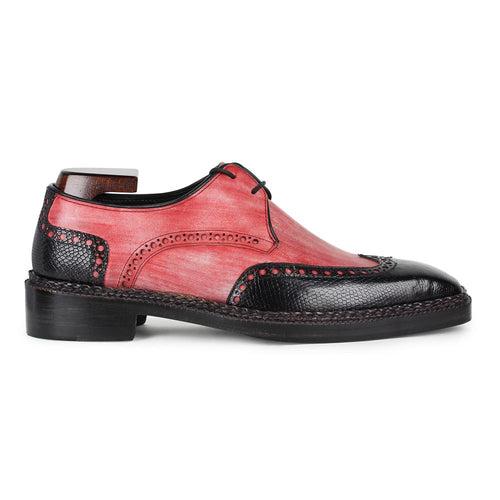 Black Lizard print + Burgundy Brushed patina Wingtip Norwegian Derby