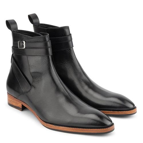 Black Mirror Glossed Jodhour Boots with Natural Wood finish Sole