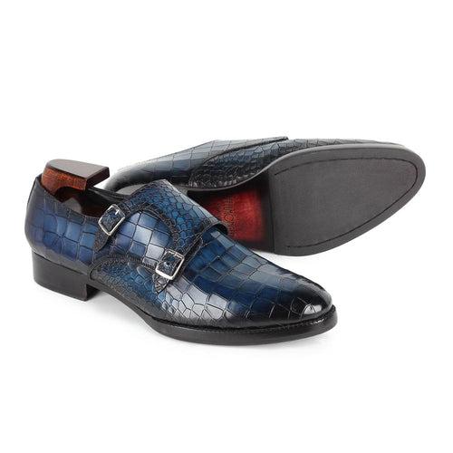 Blue Croco Mirror Glossed Patina Double Monkstraps