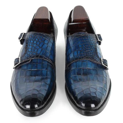 Blue Croco Mirror Glossed Patina Double Monkstraps