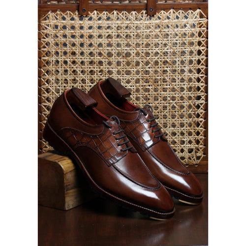 Brown Mirror Glossed Patina Croco Saddle Derby with Metal toe plate + Commando sole
