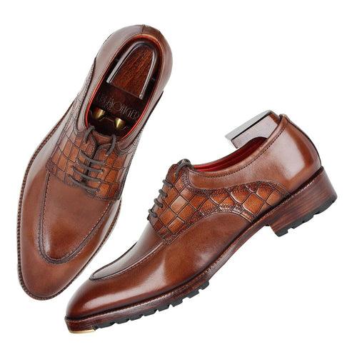 Brown Mirror Glossed Patina Croco Saddle Derby with Metal toe plate + Commando sole