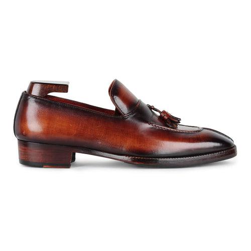 Cognac Mirror Glossed Check Pattern Patina Tassel Loafers