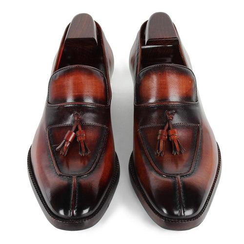 Cognac Mirror Glossed Check Pattern Patina Tassel Loafers