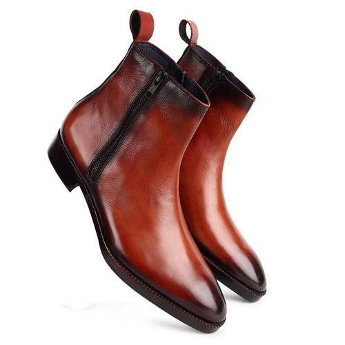 Dark Tan Patina Mirror Glossed Zip Chelsea boots