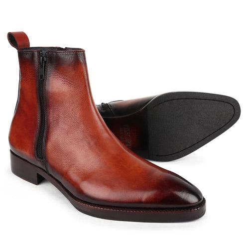 Dark Tan Patina Mirror Glossed Zip Chelsea boots