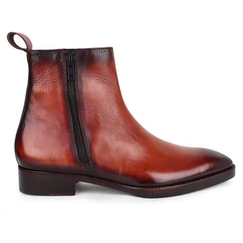 Dark Tan Patina Mirror Glossed Zip Chelsea boots