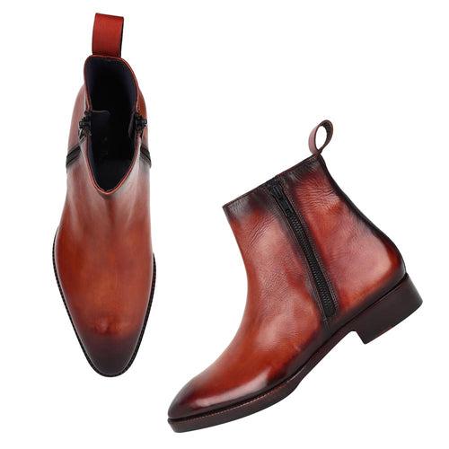 Dark Tan Patina Mirror Glossed Zip Chelsea boots