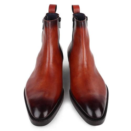 Dark Tan Patina Mirror Glossed Zip Chelsea boots