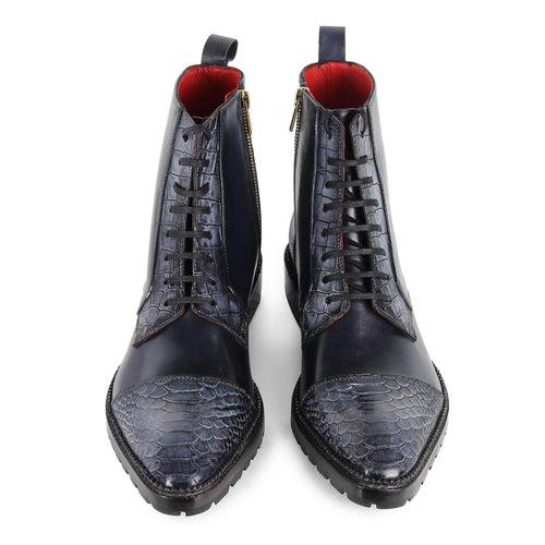Navy Pointed Mirror Glossed Python Patina Detailed Zip Boots