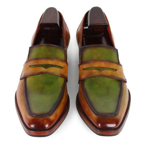 Tan + Green Dual Tone Mirror Glossed Patina Penny Loafers