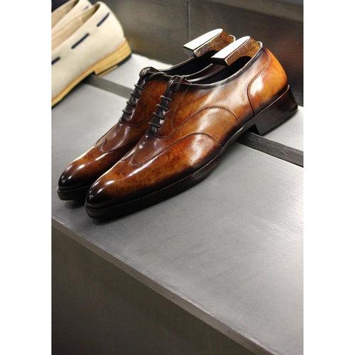 Tan Marble Patina Mirror Glossed Stitch Detail Wingtip Oxford