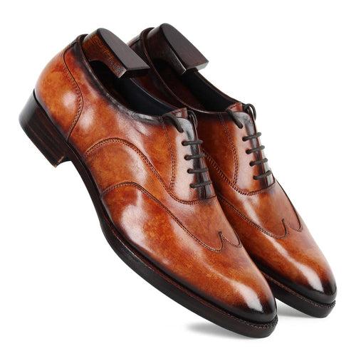 Tan Marble Patina Mirror Glossed Stitch Detail Wingtip Oxford