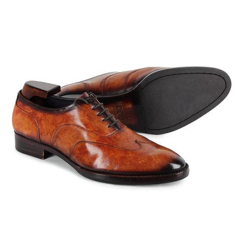 Tan Marble Patina Mirror Glossed Stitch Detail Wingtip Oxford