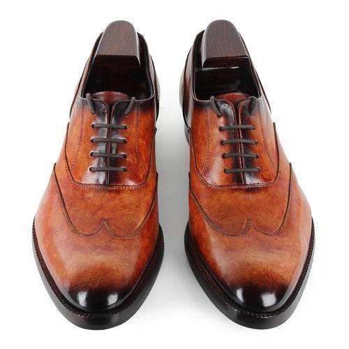 Tan Marble Patina Mirror Glossed Stitch Detail Wingtip Oxford