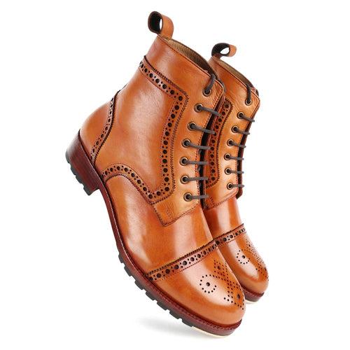 Tan Mirror Glossed Captoe Boots with Metal toe + Commando Sole