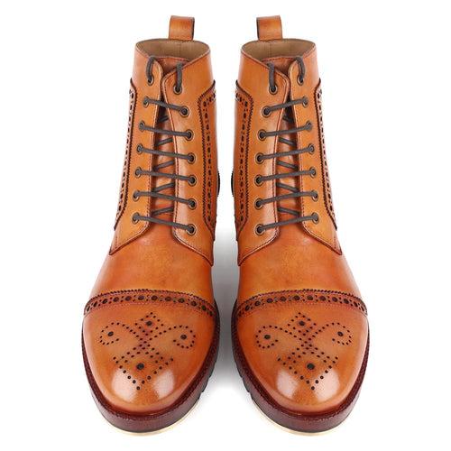 Tan Mirror Glossed Captoe Boots with Metal toe + Commando Sole