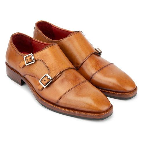 Tan Mirror Glossed Classic Double Monk Straps